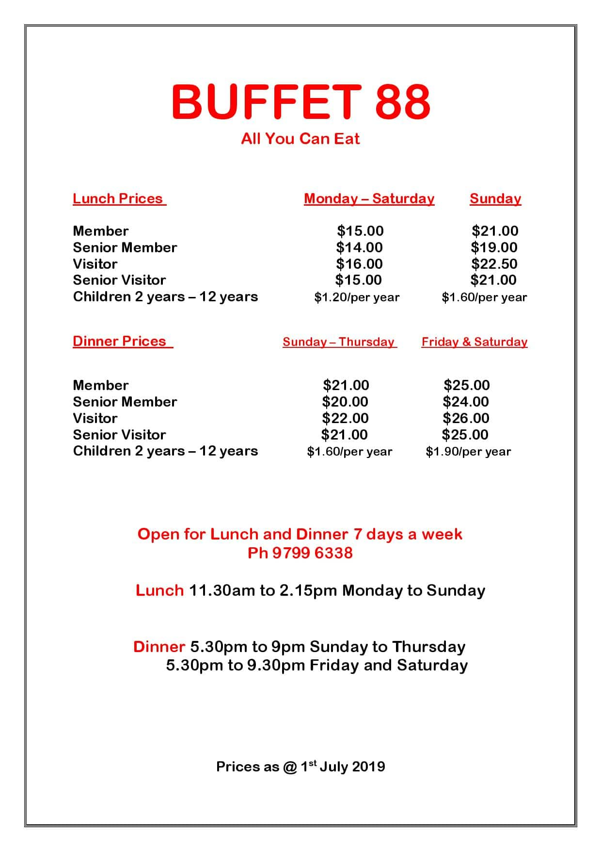 Menu At Buffet 88 - Ashfield Rsl Club, Ashfield