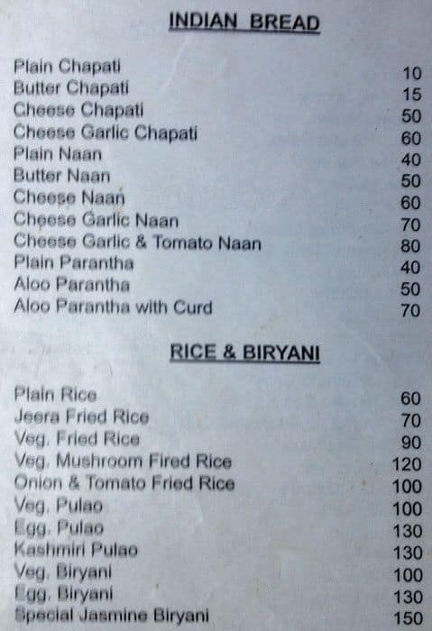 Jasmine Restaurant menu