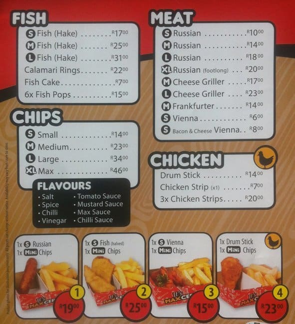 Maxbox Fish and Chips Menu, Menu for Maxbox Fish and Chips, North