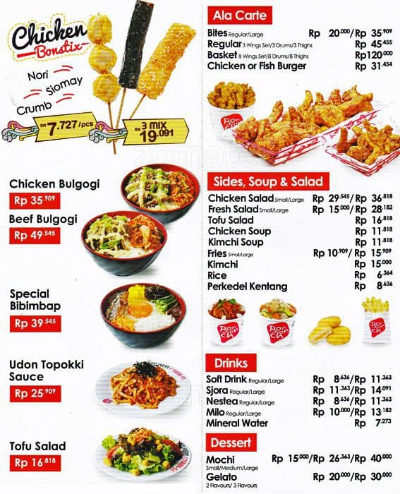 Menu at Bon Chon restaurant, Jakarta, Lippo Mall Kemang