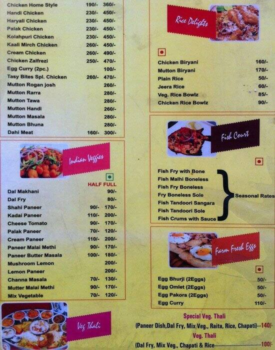 Tasty Bites menu