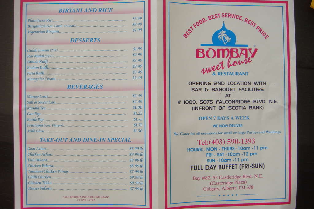Bombay Sweet House Menu, Menu for Bombay Sweet House, Castleridge