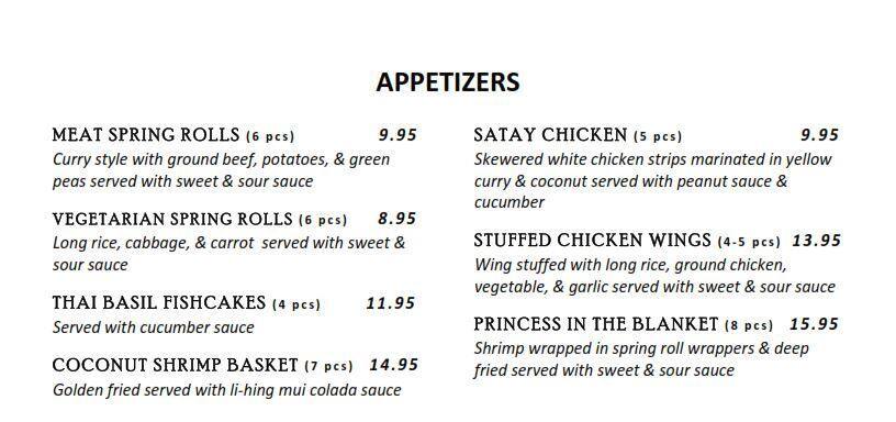 Chao Phya Thai Restaurant Menu