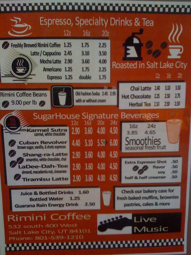 Menu at Sugar House Coffee cafe, Salt Lake City, 1100 E