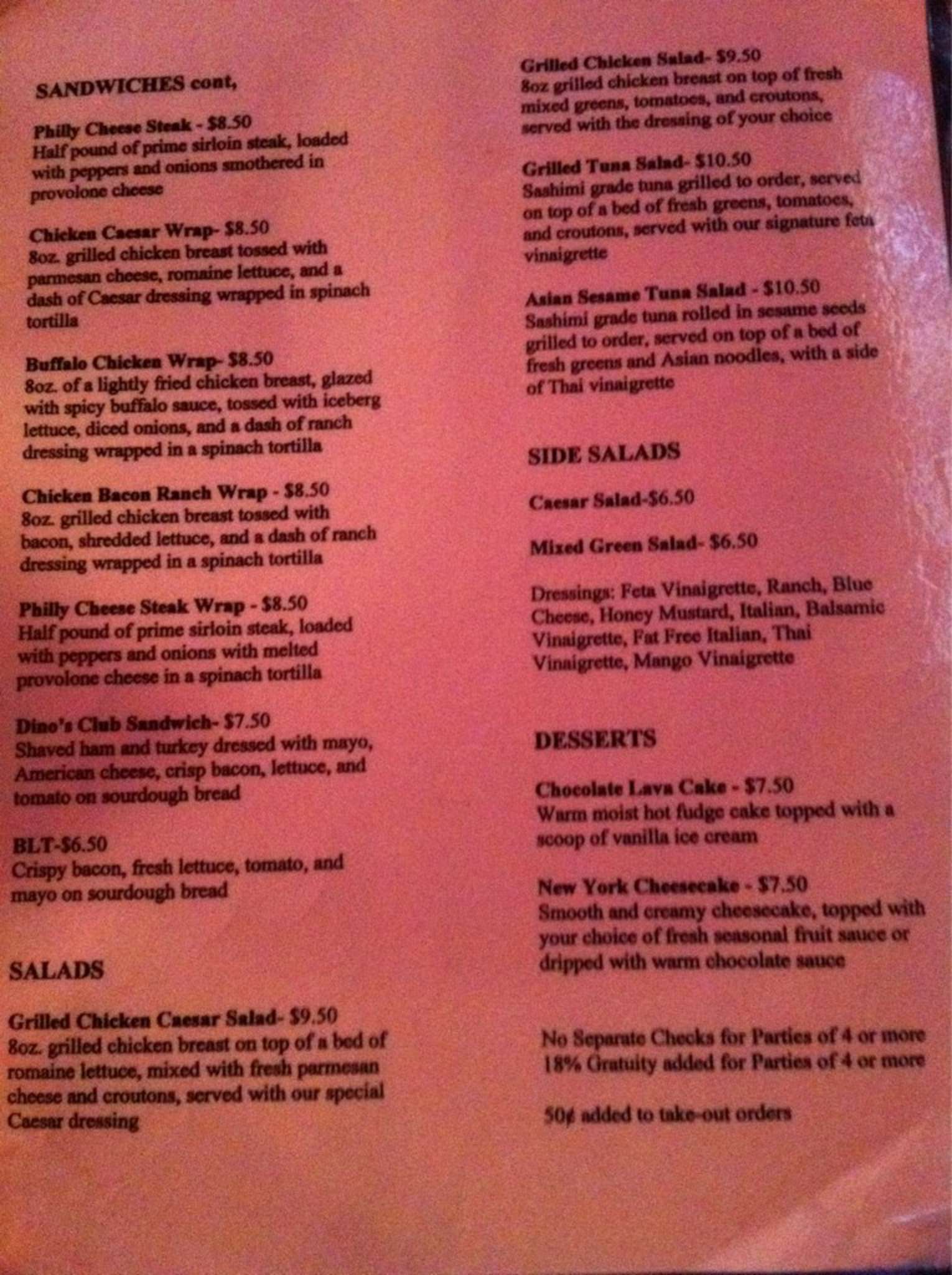 Menu at Dino's Bar & Grill, New Orleans