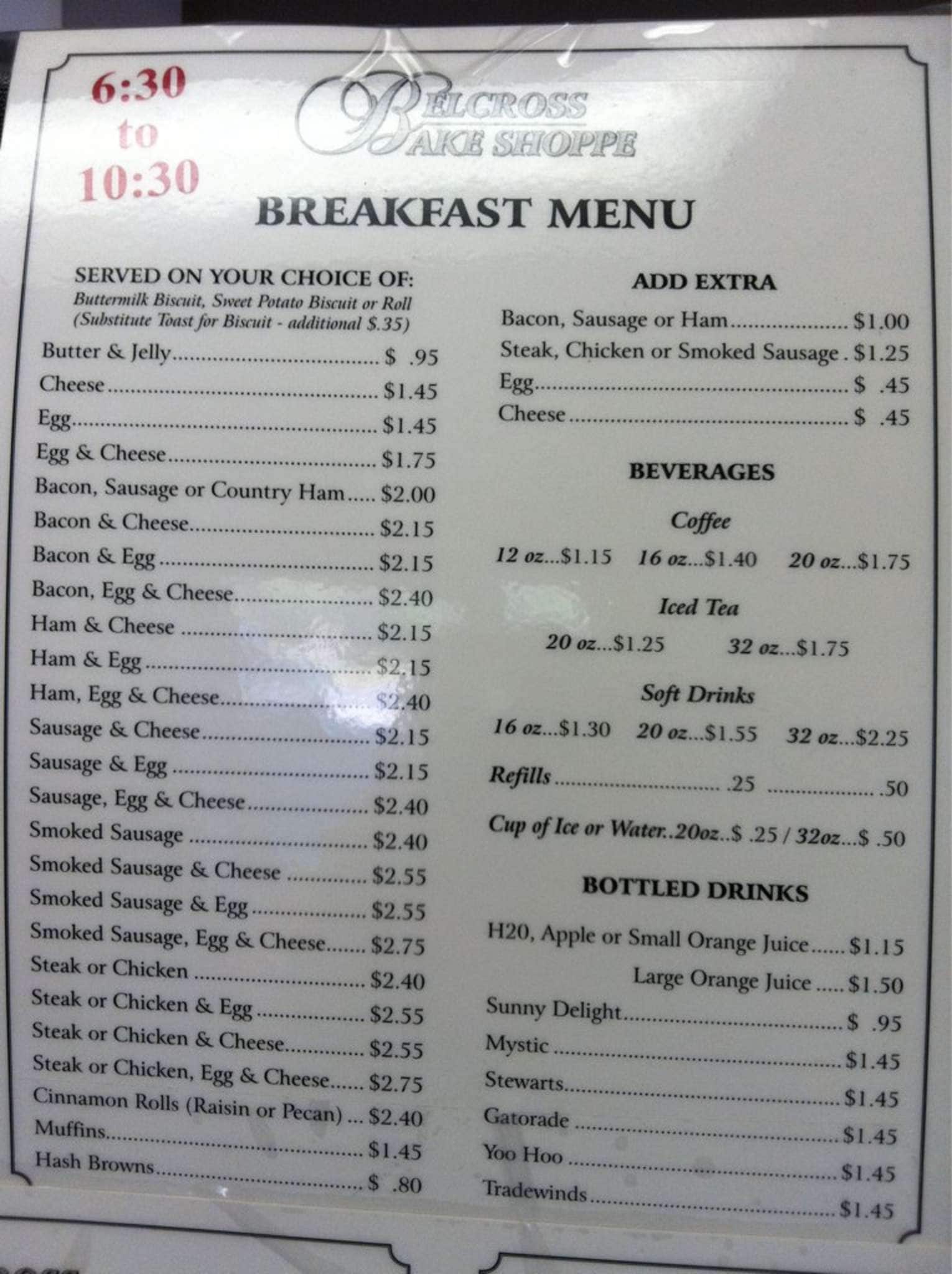 Belcross Bake Shoppe Menu, Menu for Belcross Bake Shoppe, Elizabeth