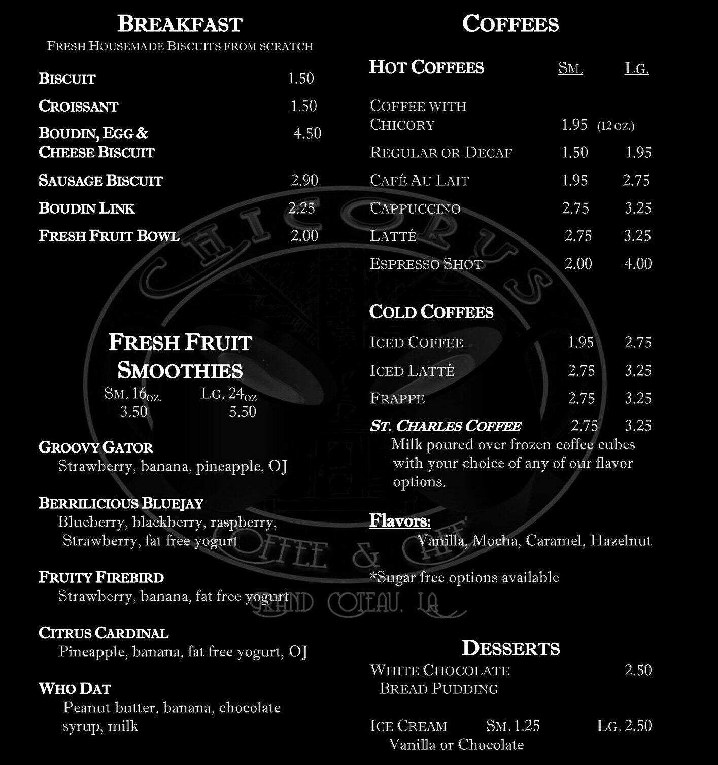 Menu at Chicory's Coffee & Cafe, Grand Coteau