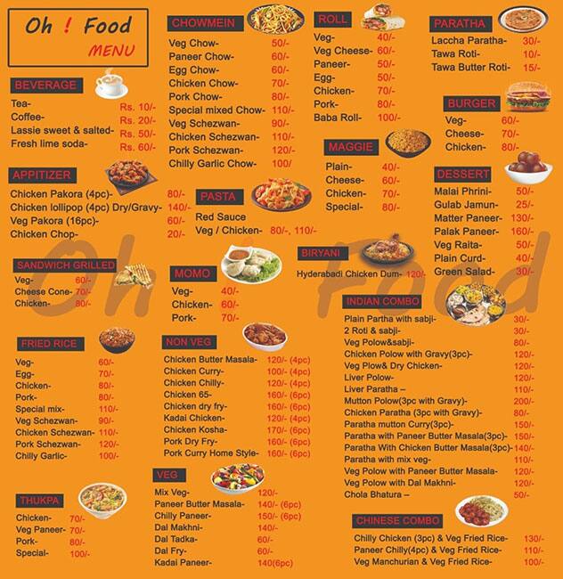 Menu of Oh! Food, Zoo Tiniali, Guwahati