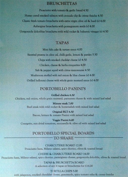 Menu at Portobello House pub & bar, London