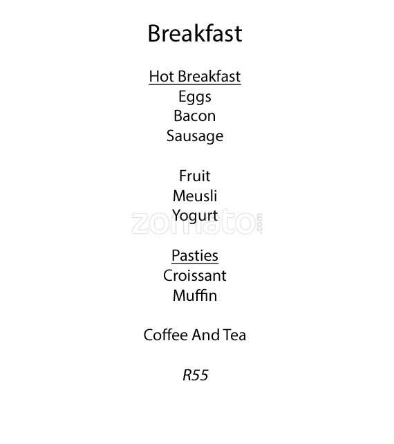 Menu at The Great Room cafe, Cape Town