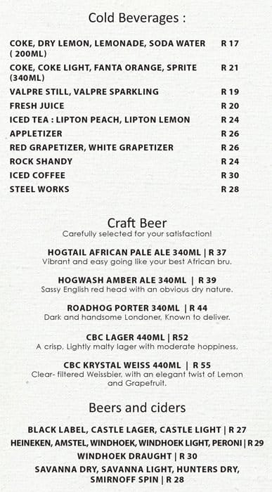 Menu at Saltwater Grill restaurant, Cape Town, Cnr Forest & Howard Drive