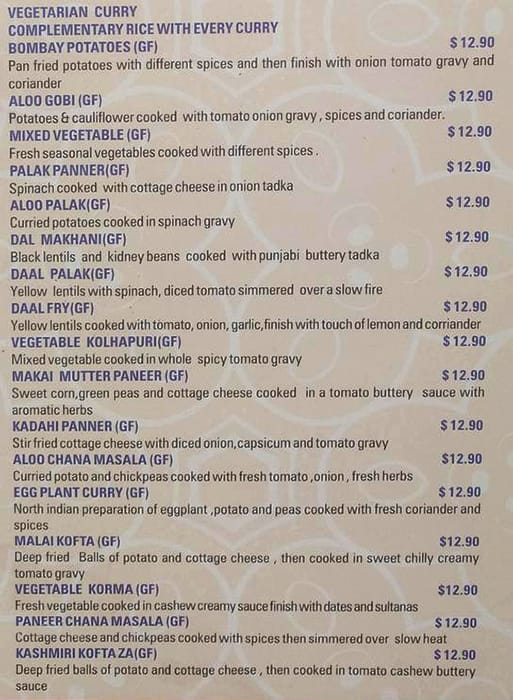 Menu at Santoor Indian cuisine restaurant, Petrie