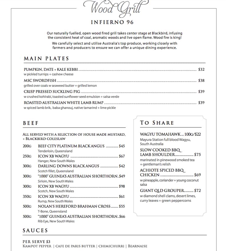 Menu at Blackbird pub & bar, Brisbane City