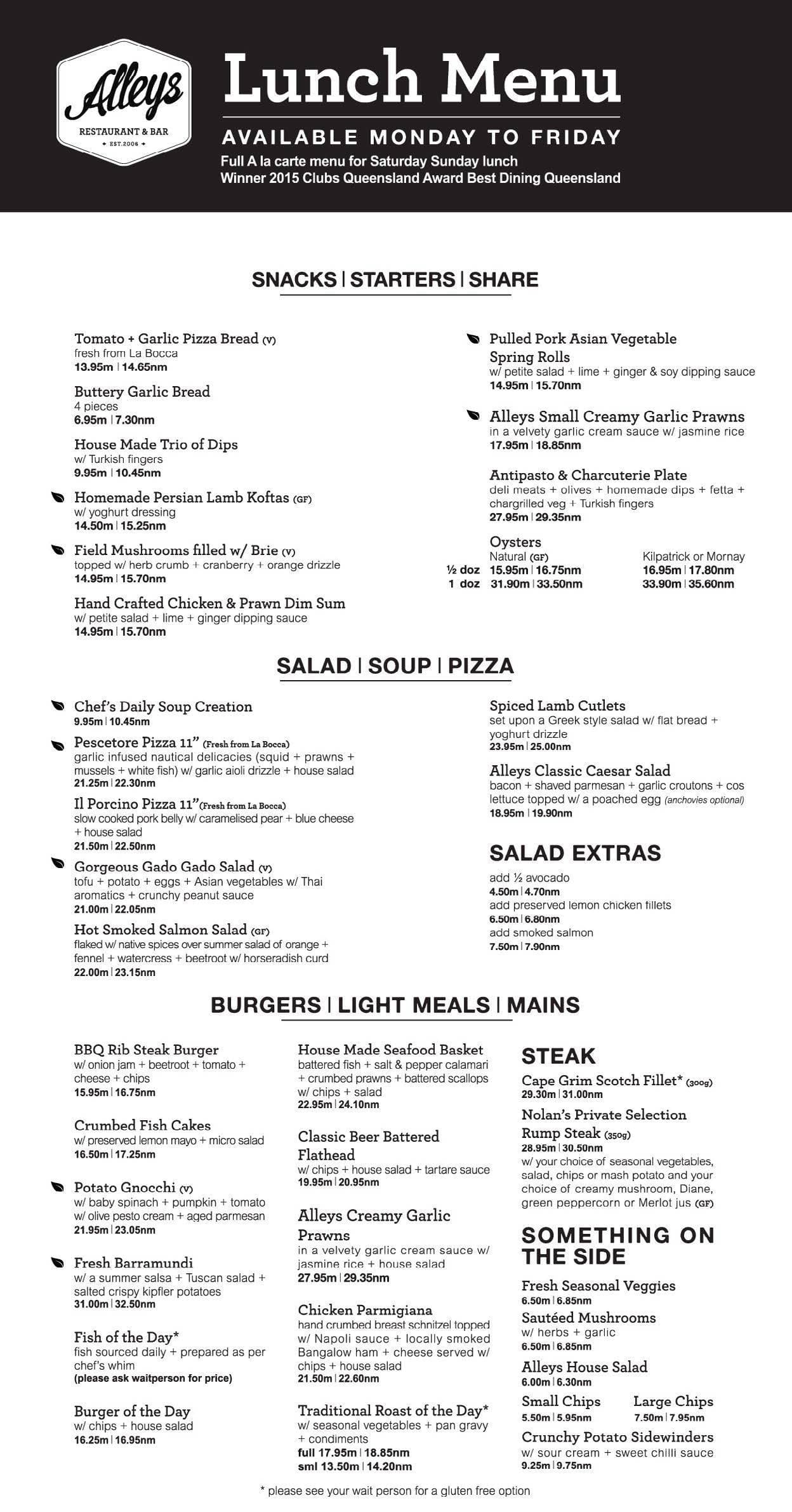 Menu at Currumbin RSL pub & bar, Currumbin