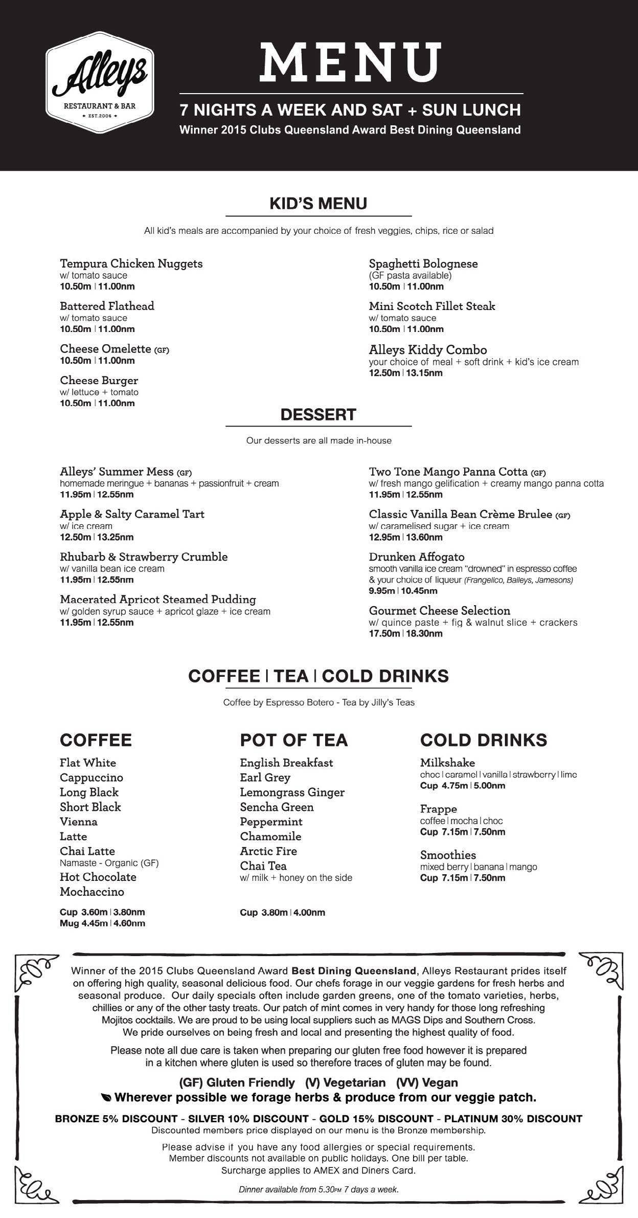 Menu at Alleys Restaurant at Currumbin RSL, Currumbin