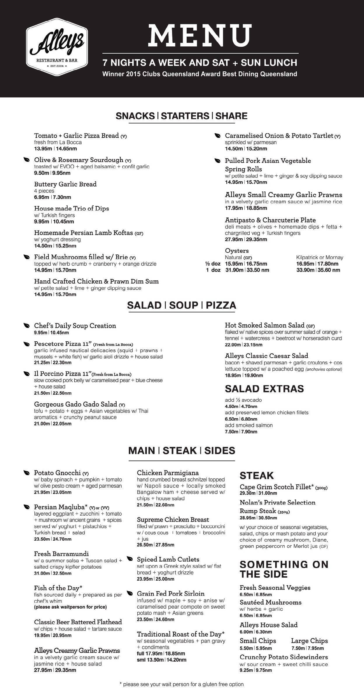 Menu at Currumbin RSL pub & bar, Currumbin