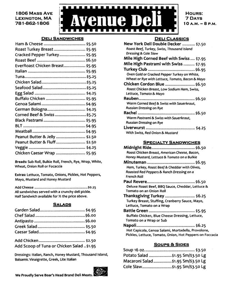 Avenue Deli Menu, Menu for Avenue Deli, Lexington, Boston - Urbanspoon ...