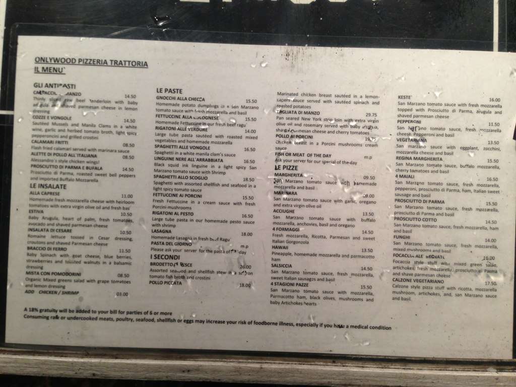 Menu at Onlywood Pizzeria, Key West