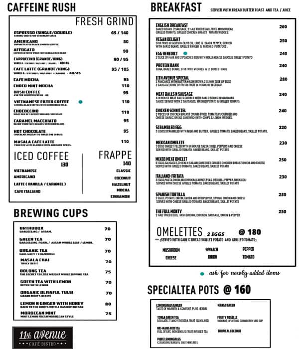 11th Avenue Cafe Bistro menu