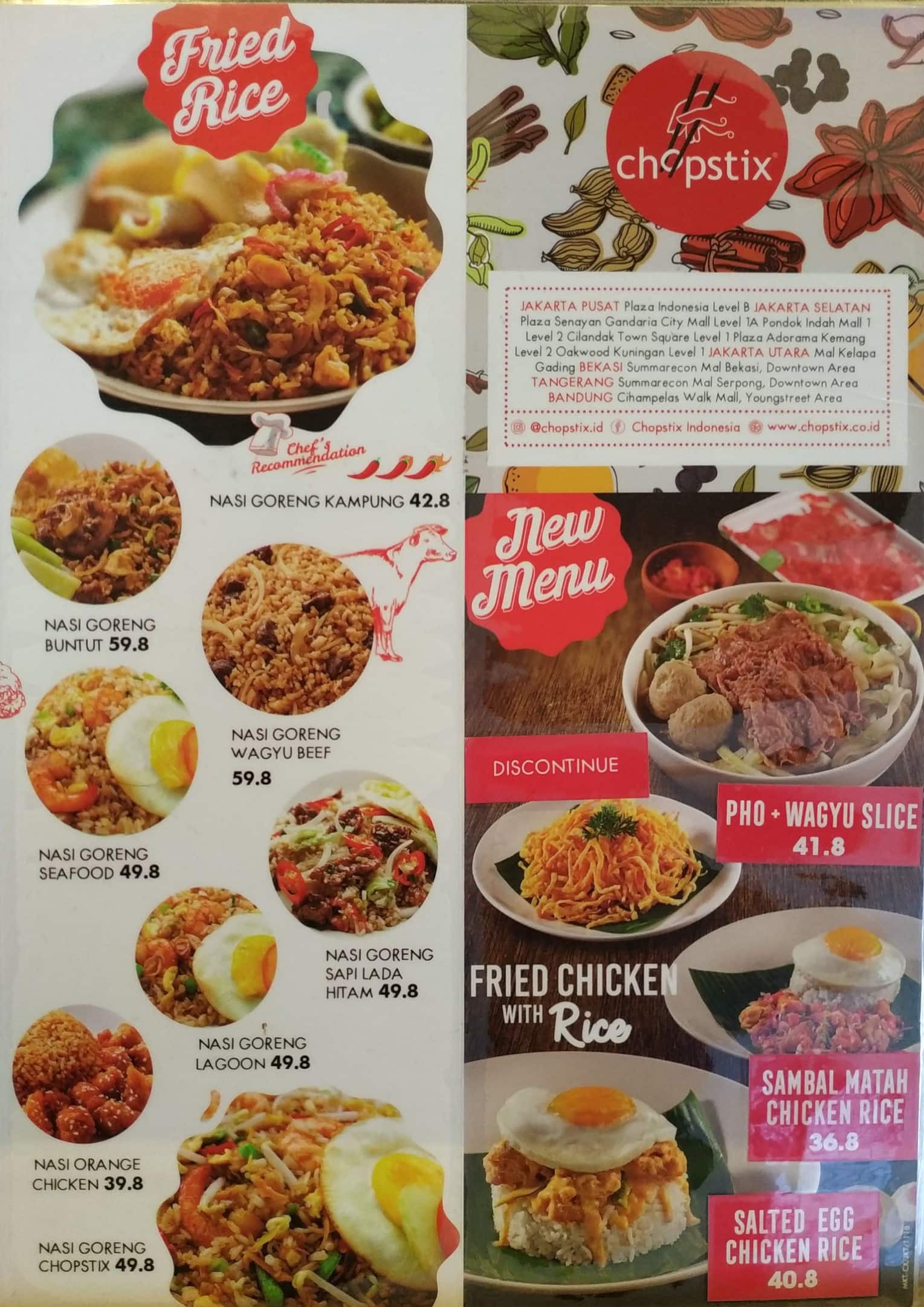 Menu at Chopstix restaurant, Jakarta, Town Square