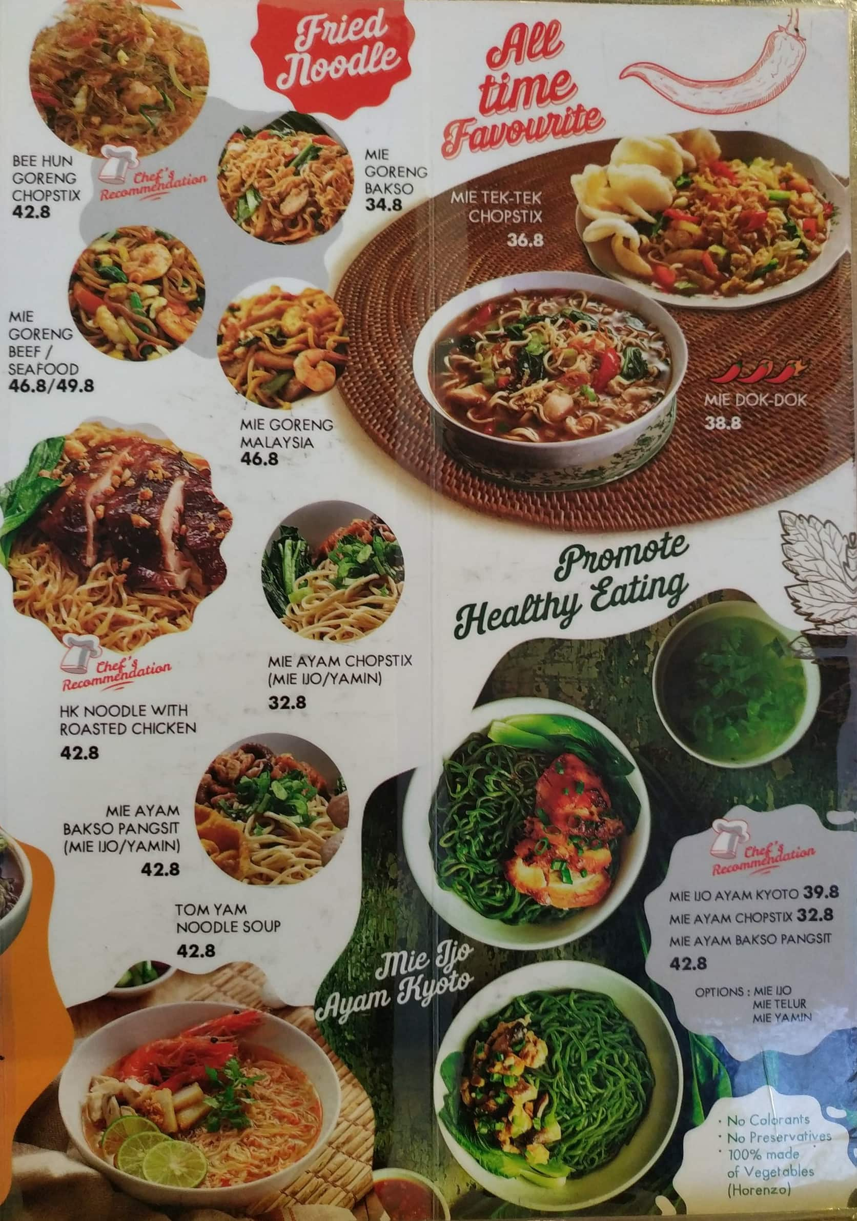 Menu at Chopstix restaurant, Jakarta, Town Square