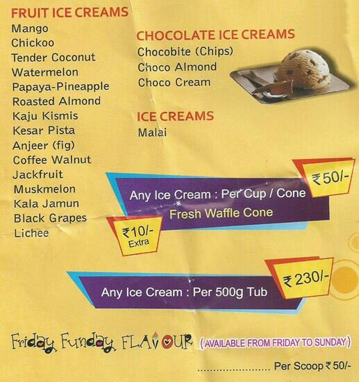 Natural Ice Cream Menu, Menu for Natural Ice Cream, Himayath Nagar