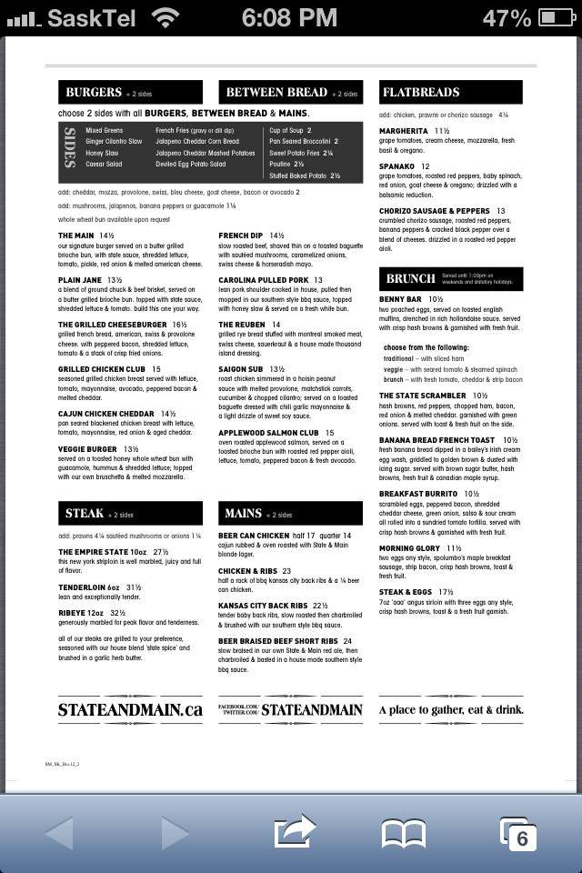 State Main Kitchen Bar Menu