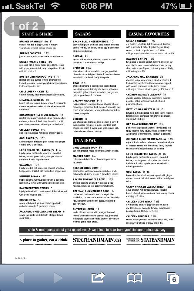 State Main Kitchen Bar Menu