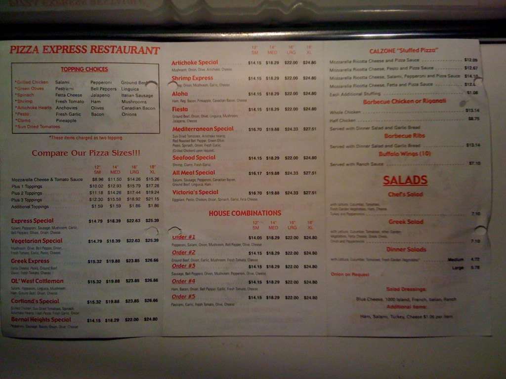 Pizza Express menu, Menu restauracji Pizza Express, Bernal Heights, San