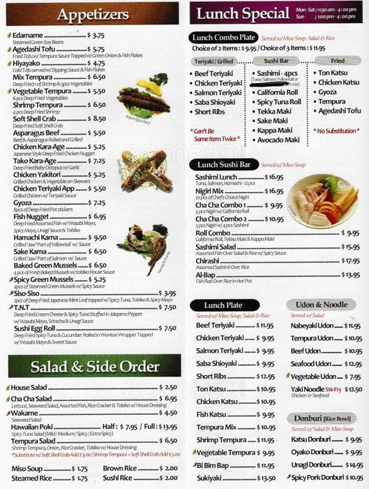 Menu at Cha Cha restaurant, San Jose, 547 W Capitol Expy