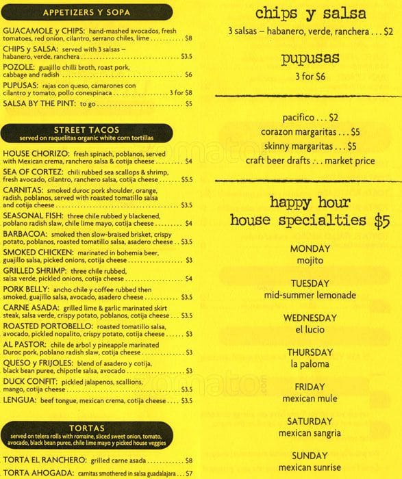 Menu at Uno Mas Taqueria restaurant, Denver, S Pearl St