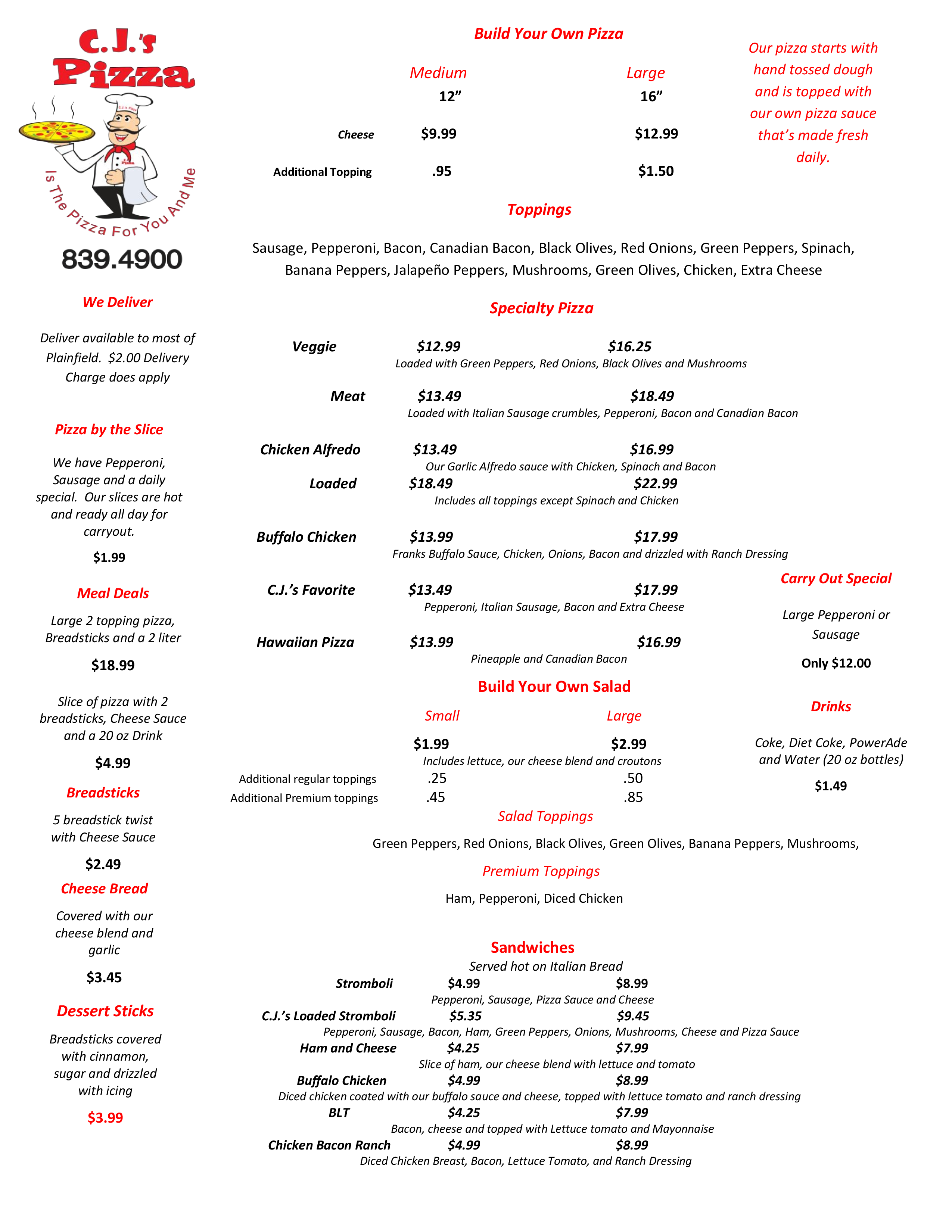 Menu at C.J.'s Pizza pizzeria, Plainfield