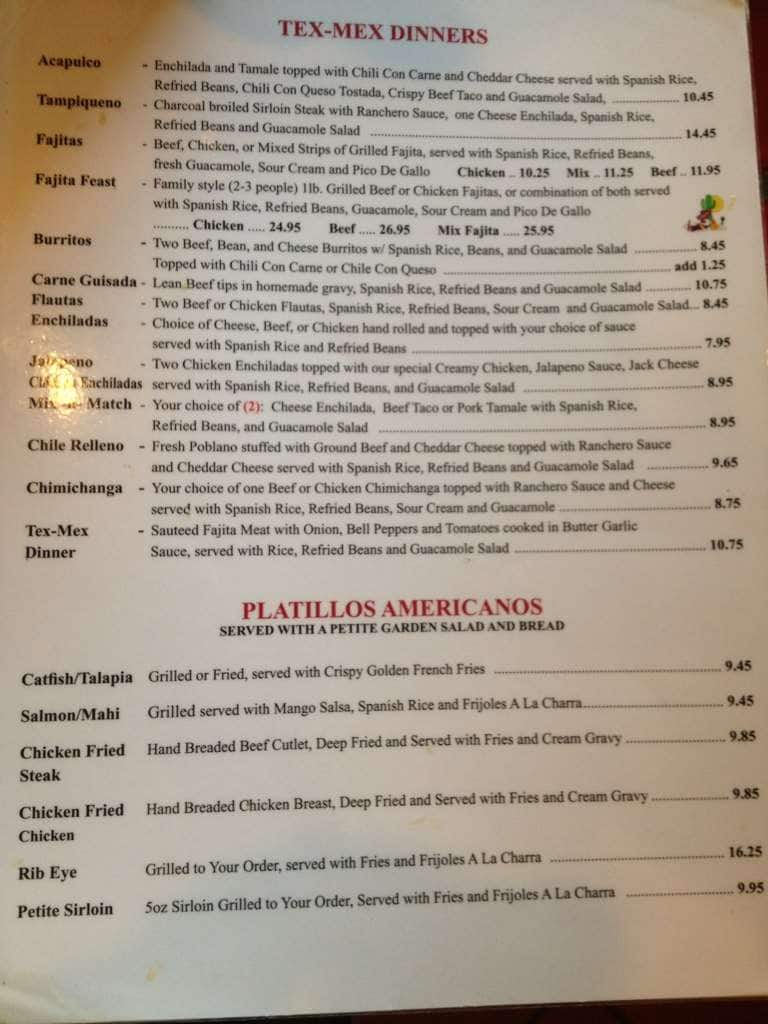 Menu at Acapulco Mexican Restaurant, Kerrville