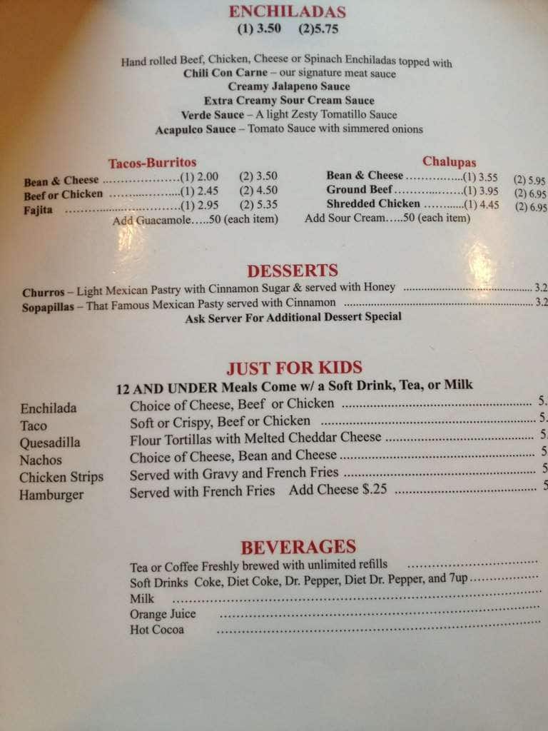 Menu at Acapulco Mexican Restaurant, Kerrville