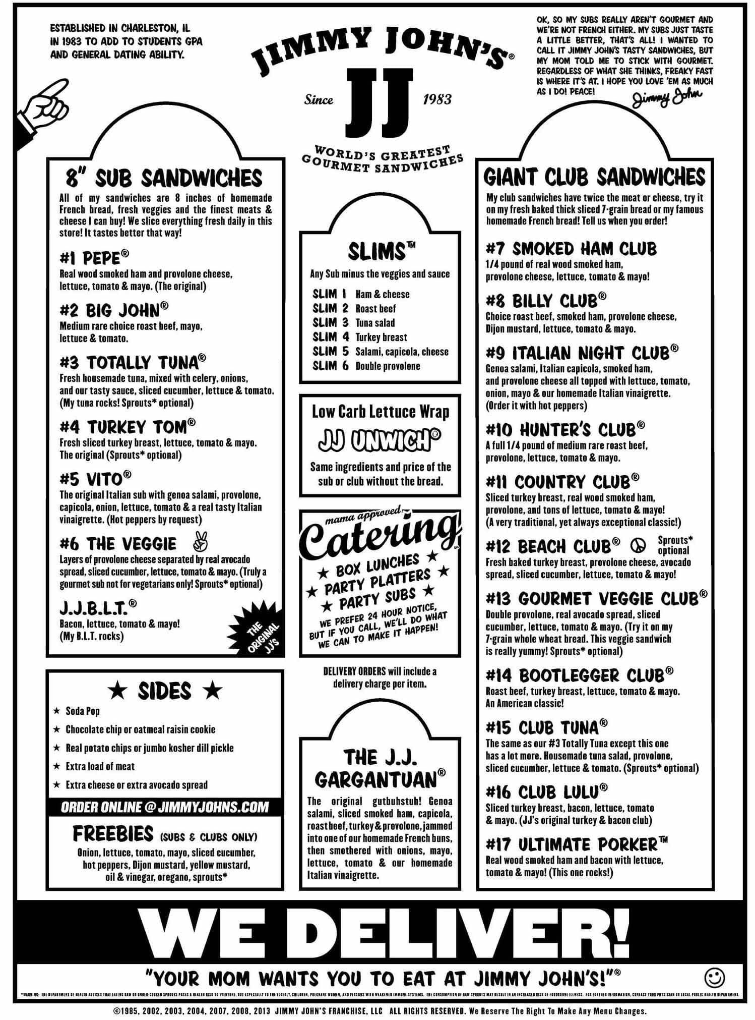 Printable Jimmy Johns Menu