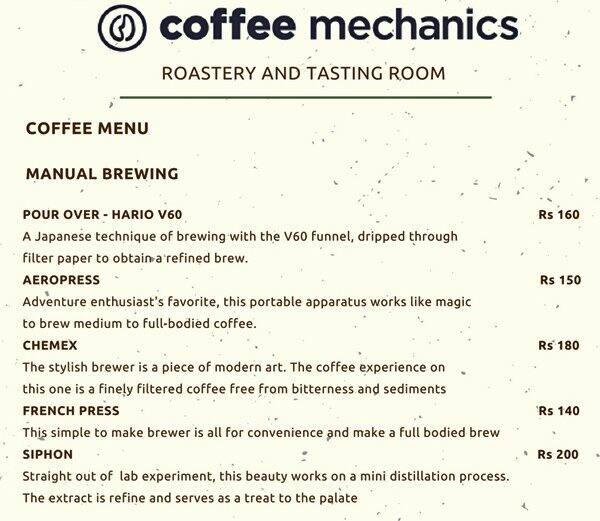 Coffee Mechanics Menu, Menu for Coffee Mechanics, HBR Layout, Bangalore
