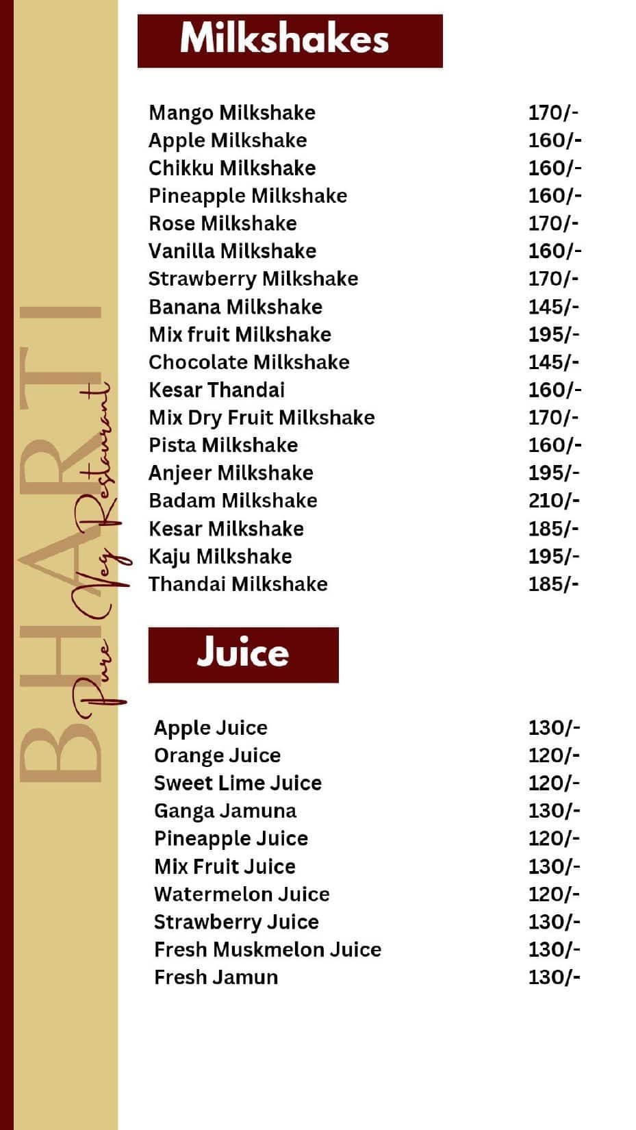 Menu of Bharati Pure Veg, PuneSolapur Road, Pune