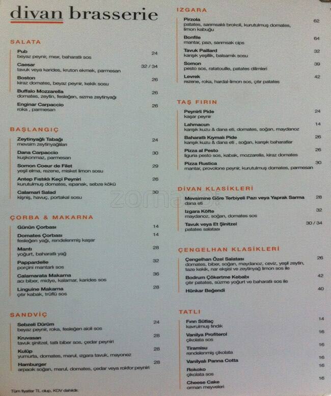 Divan Brasserie Menü, Divan Brasserie, Kale, Ankara için Menü Zomato