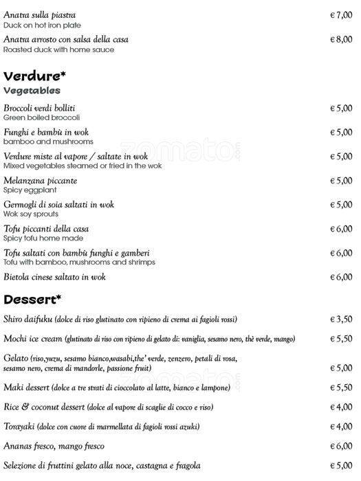 Menu at Zhou You You restaurant, Rome