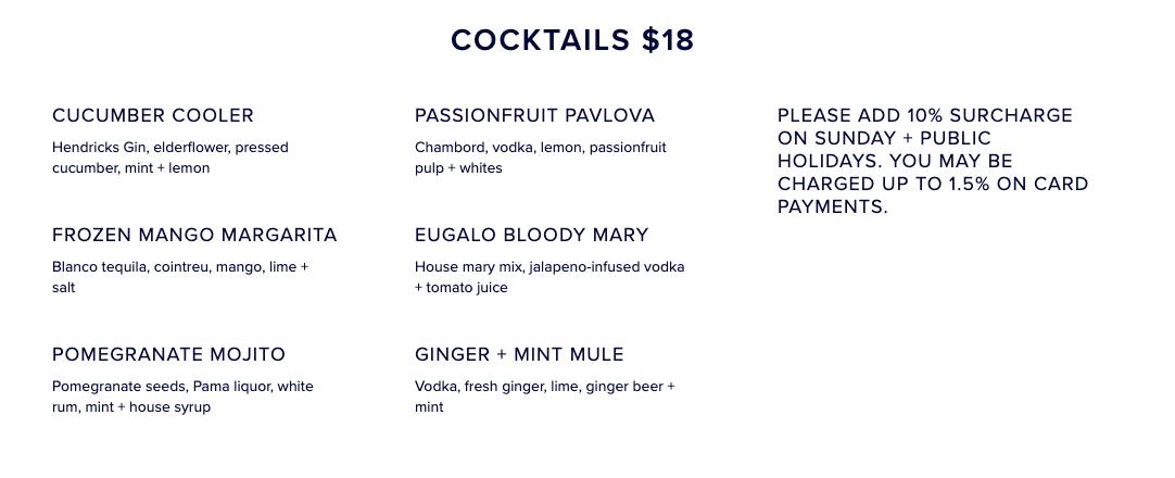 Menu at The Boathouse Palm Beach cafe, Palm Beach, Governor Phillip Park