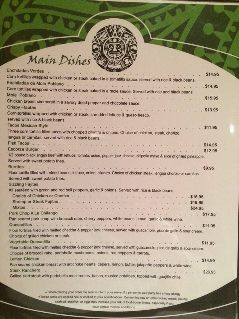 Menu at Escorza's restaurant, Levittown