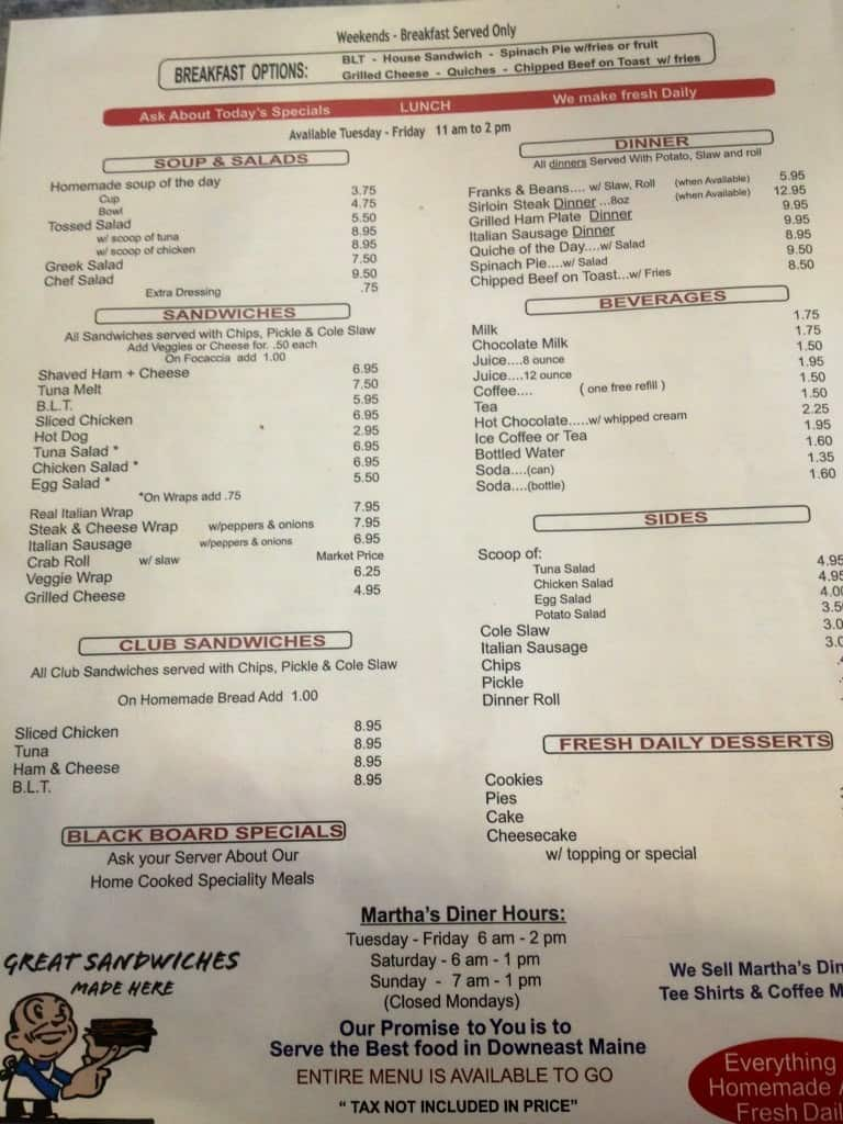 Menu at Martha's Diner restaurant, Ellsworth