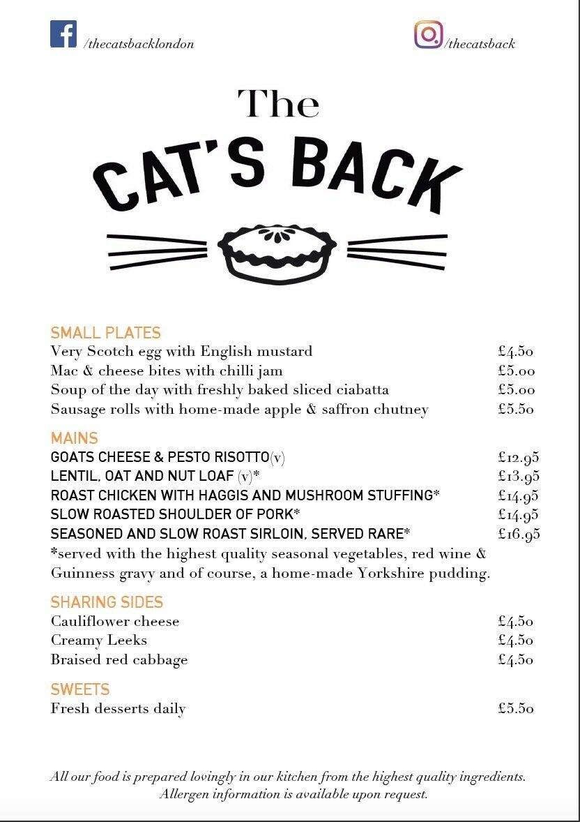 The Cat's Back Menu, Menu for The Cat's Back, Wandsworth, London
