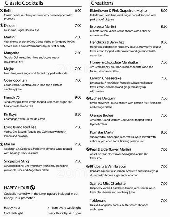 Menu at Lime pub & bar, Salford, Unit G1