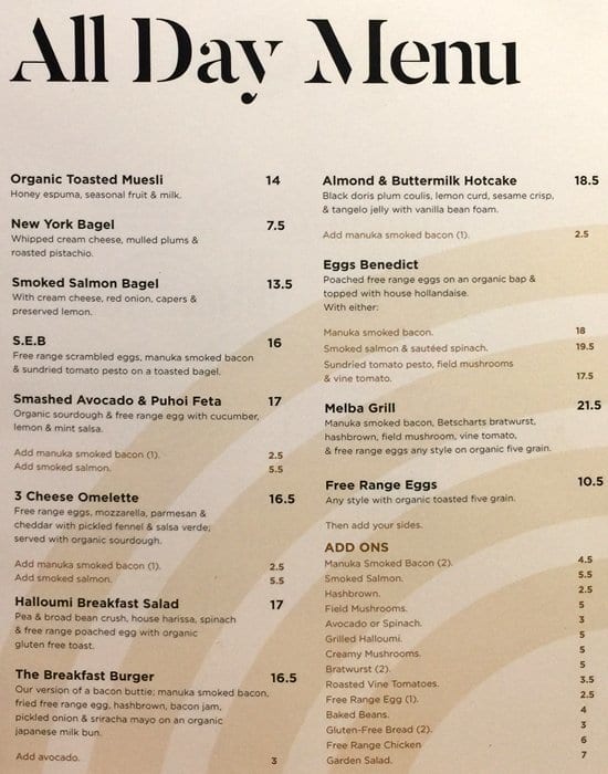 MELBA Menu, Menu for MELBA, Vulcan Lane, Auckland Menumania/Zomato