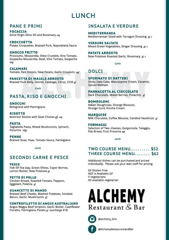 Menu at Alchemy Restaurant and Bar Brisbane, Brisbane City