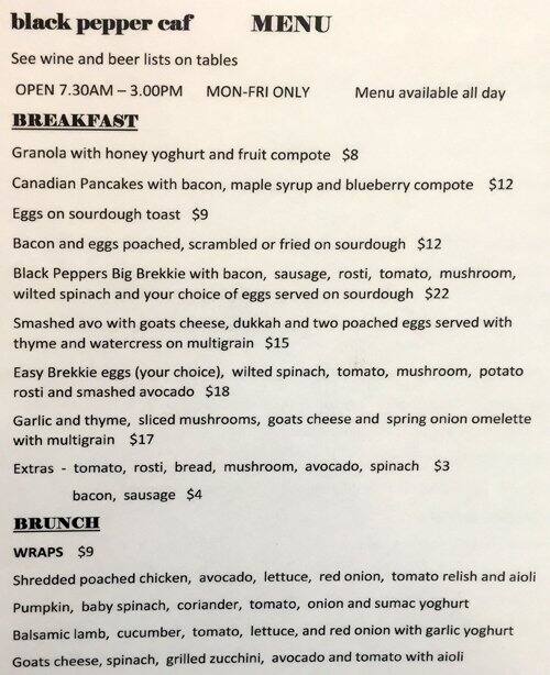 Black Pepper Caf Menu, Menu for Black Pepper Caf, Dingley Village