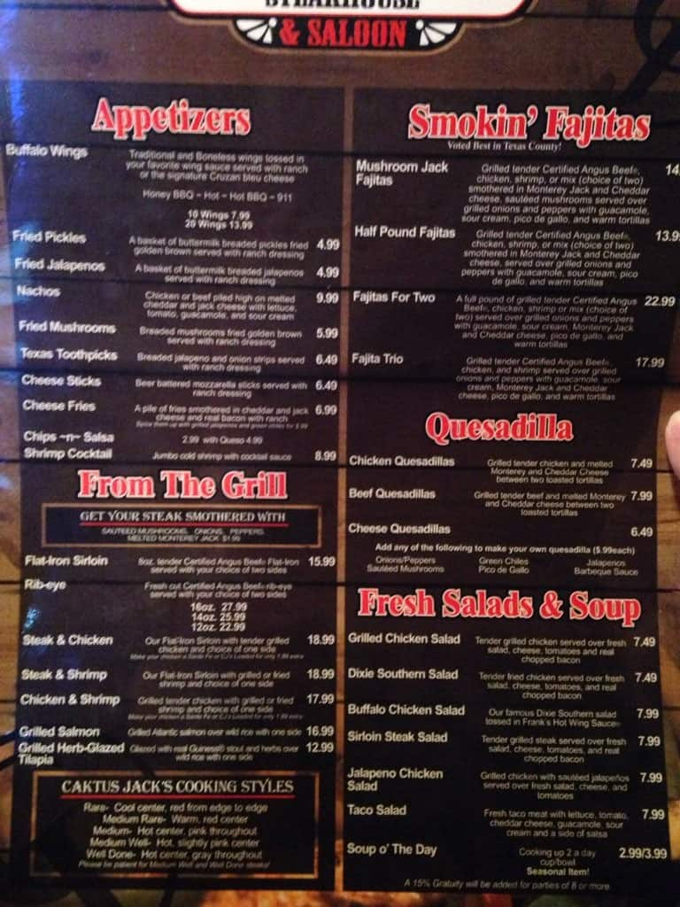 Menu at Jack's Bar and Grill, Guymon