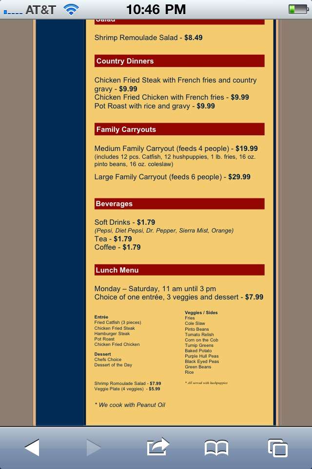 Menu at Johnny's Catfish & Seafood restaurant, Shreveport