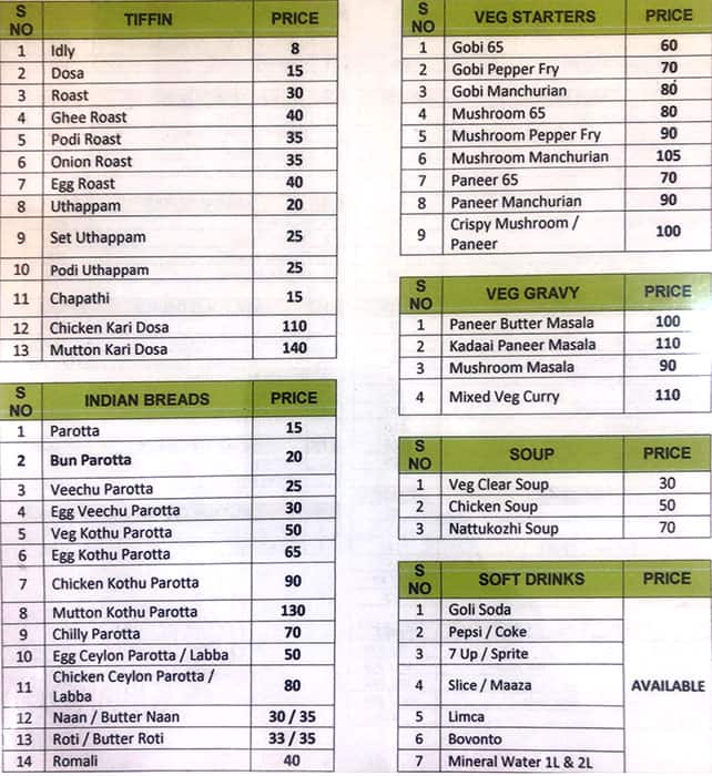 Menu of Thozha Restaurant, Peelamedu, Coimbatore